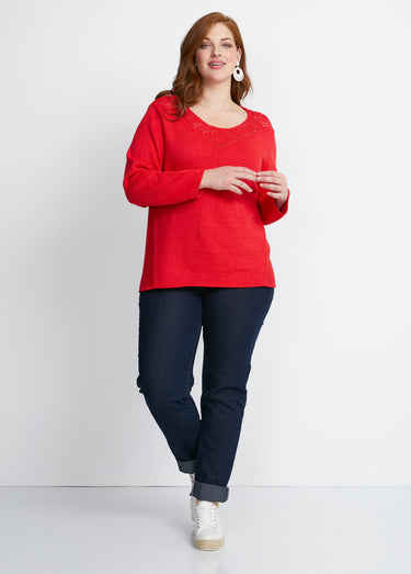 Pull manches longues mailles fantaisie Rouge