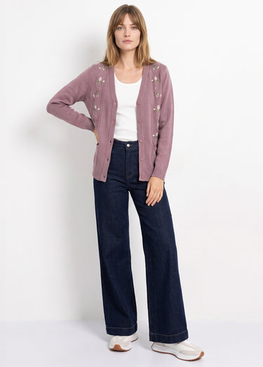 Gilet long boutonné brodé perlé col V Cyclamen