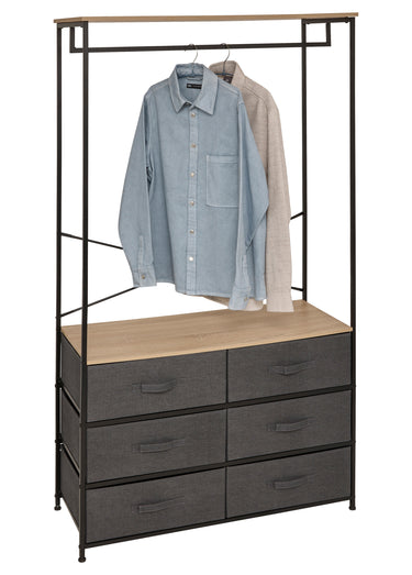 Penderie métal et bois + 6 tiroirs tissu Noir gris bois
