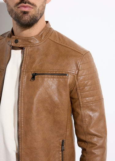 Blouson simili cuir zippé style motard Camel