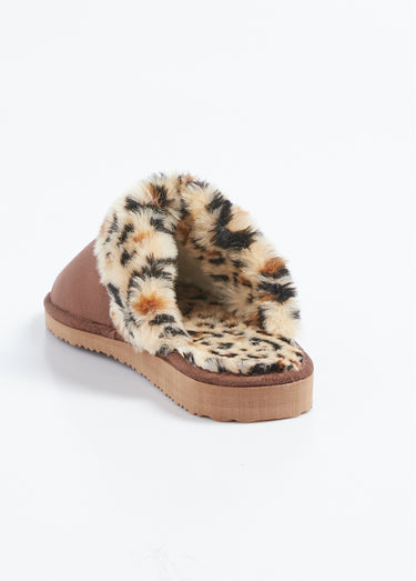 Chaussons mules confort léopard fourrés Marron