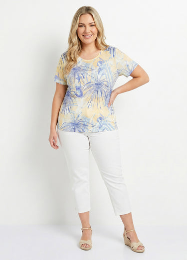 T-shirt court motif et strass col rond Jaune/Bleu