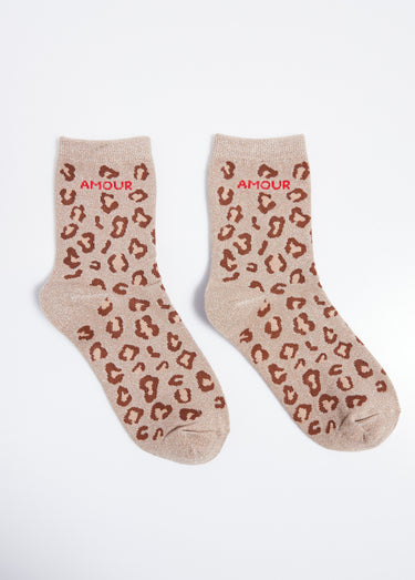 Chaussettes AMOUR, motif léopard métallisé Beige