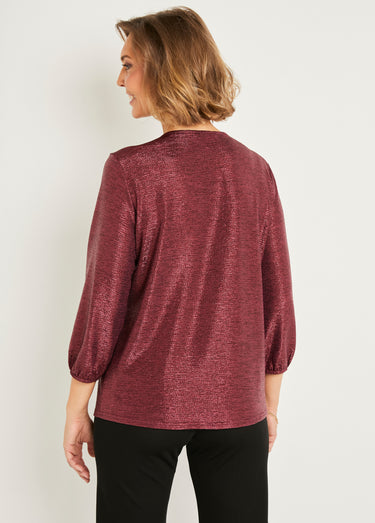 T-shirt mi long ample maille brillante col V Framboise