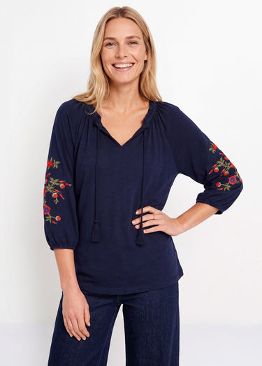 T-shirt long brodé manches 3/4 Marine