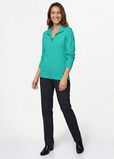 Gilet zippé uni mi-long maille épaisse Emeraude