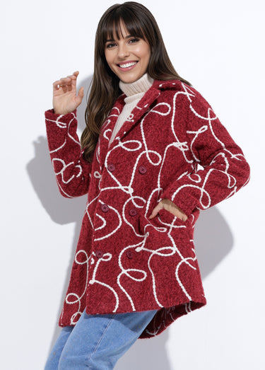 Caban long fantaisie type laine bouillie Bordeaux