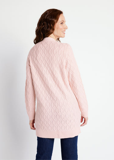 Gilet long boutonné torsades col V Rose