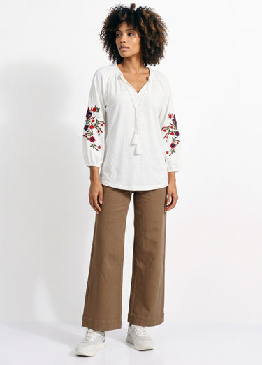 T-shirt long brodé manches 3/4 Blanc