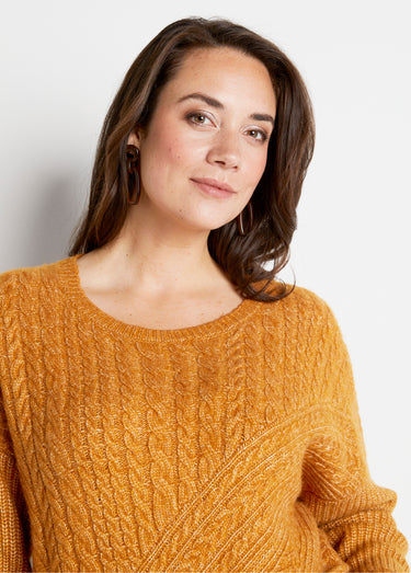 Pull maille chinée perlée torsadée col rond Miel