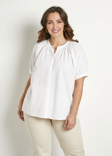 Chemisier ample coton brodé sans col Blanc