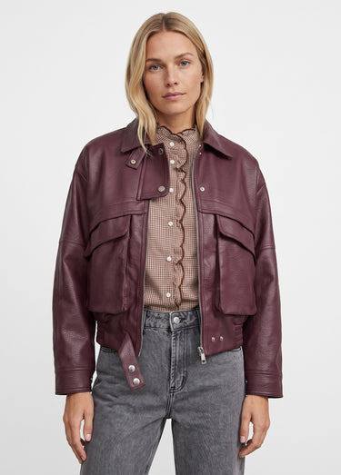 Blouson simili cuir, taille élastiquée Bordeaux