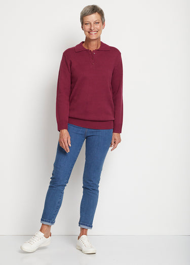 Pull col polo maille épaisse Prune