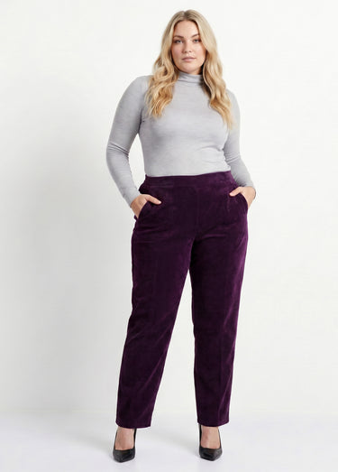 Pantalon droit taille élastiquée velours milleraies Prune