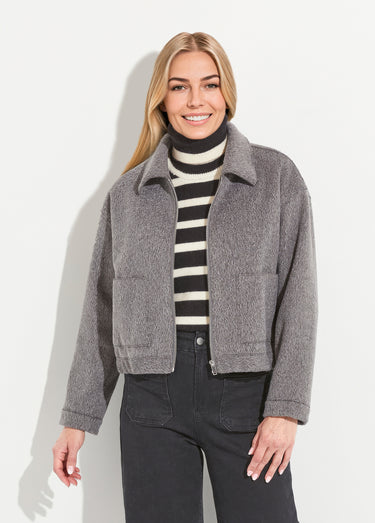 Blouson zippé tissu bouclette uni Gris