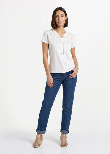 T-shirt court uni clouté maille flammée Blanc Casse