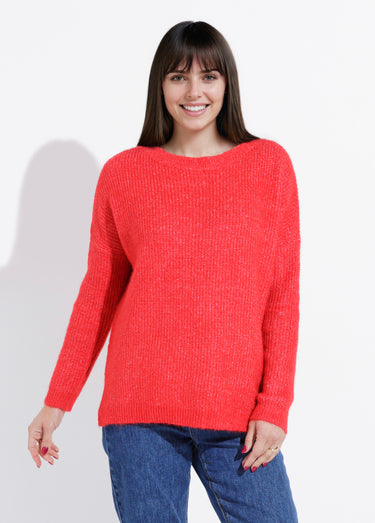 Pull maille mousseuse encolure bateau Rouge