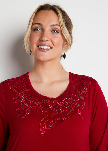 T-shirt court col rond résille brodé strass Rouge