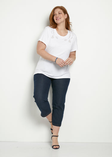 T-shirt coton brodé ajouré col rond Blanc