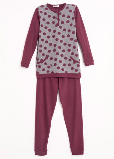 Pyjama pantalon maille milano imprimé pois Bordeaux