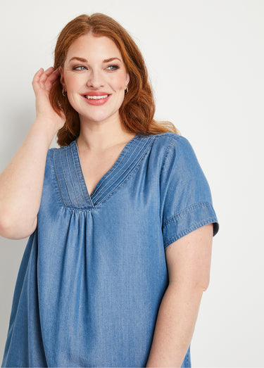 Robe courte droite tissu lyocell Bleu