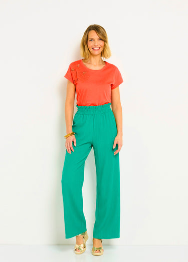 Pantalon vert large taille élastiquée maille relief Vert