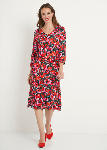 Robe droite courte fleurie manches 3/4 Vert/Orange