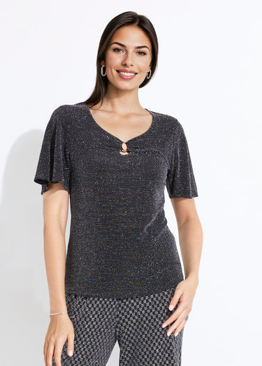 T-shirt brillant manches courtes col rond bijou Noir/Argent