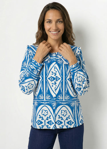 Chemisier col claudine, motif fantaisie Bleu Imprime