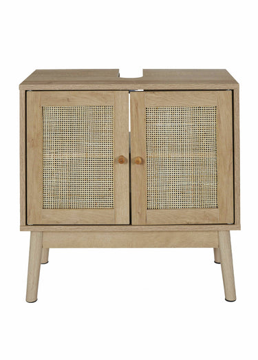 Meuble sous vasque, en bois et cannage Marron