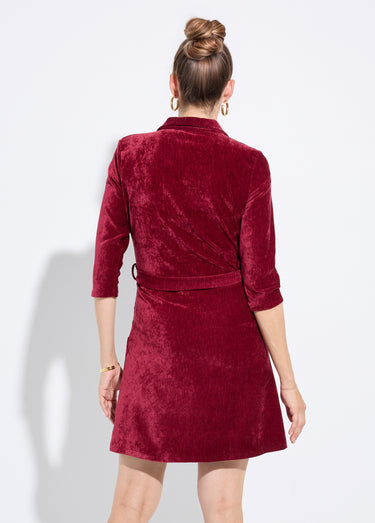 Robe col V à ceinturer en velours ras Bordeaux