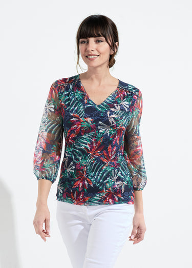 T-shirt col V maille dentelle imprimée Marine/Orange
