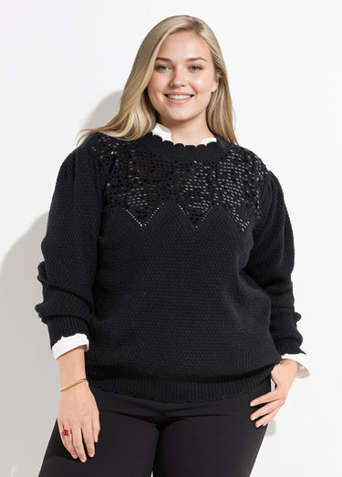 Pull col V maille fantaisie et sequins Noir
