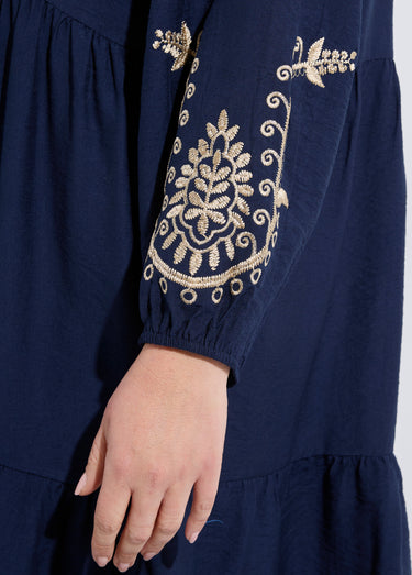 Robe col V avec broderies métallisées Marine