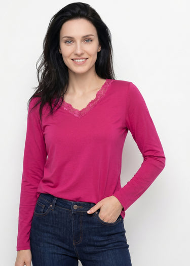 T-shirt court dentelle col V manches longues Fuchsia