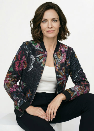 Blouson esprit bomber tissu bouclette imprimé Noir/Rose