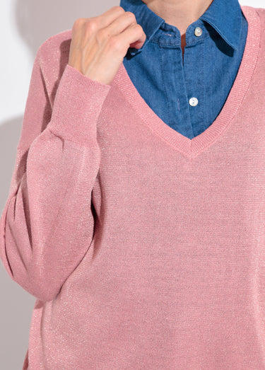 Pull col V maille fine jauge métallisée Vieux Rose