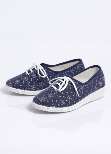 Derbies lacées compensées textile brodé Marine