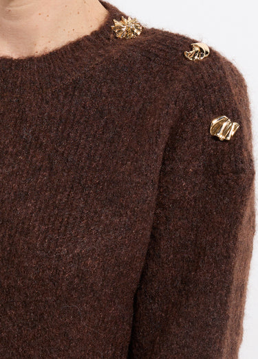 Pull col rond, boutons bijou en métal Chocolat