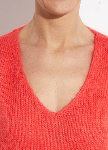 Pull chaud col V en maille avec mohair Corail