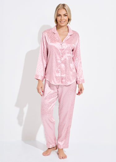 Pyjama long en satin motif léopard Rose Fonce