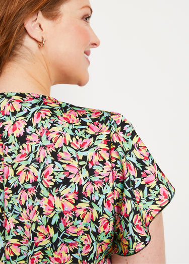 Robe courte volantée satin fleuri Vert/Rose