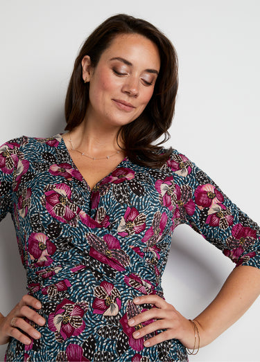 Robe courte cache-coeur en maille Imprime Fuchsia