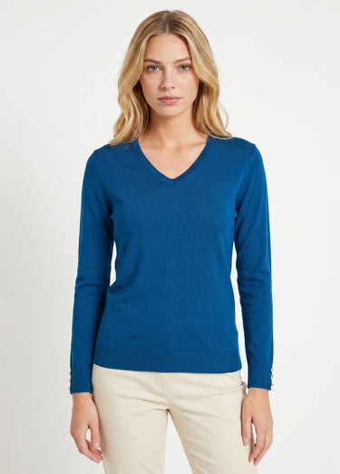 Pull fin col V jersey uni avec laine mérinos Canard