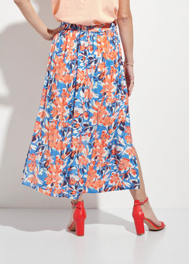 Jupe longue plissée fleurie fentes côtés Bleu / Orange
