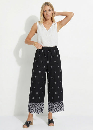 Pantalon large coton brodé taille élastiquée Noir / Blanc