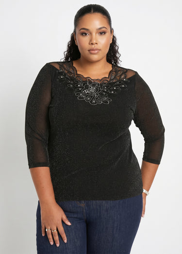 T-shirt manches 3/4 brodé brillant Noir