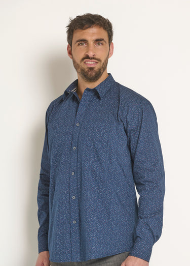 Chemise coton micro motif manches longues Marine