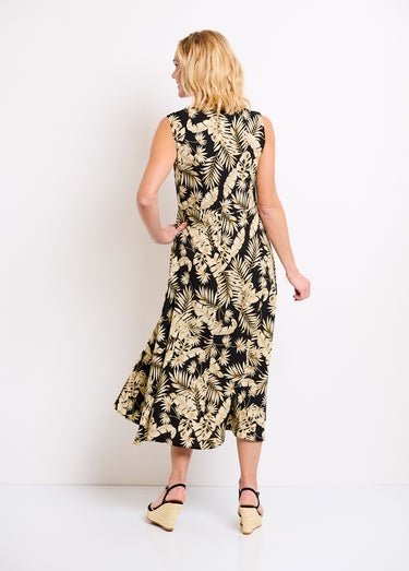 Robe longue sans manches évasée imprimé feuillage Noir/Ecru