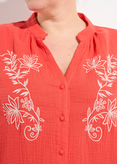 Blouse en gaze de coton avec broderies Corail